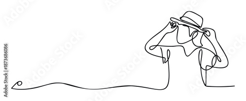 Minimalist continuous single line drawing of a person wearing a stylish fedora hat holding the brim, perfect for modern graphic compositions, abstract poster designs, or elegant branding