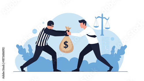 Illustration depicting a tug-of-war over a money bag between a masked thief and a businessman with a scale of justice in background.