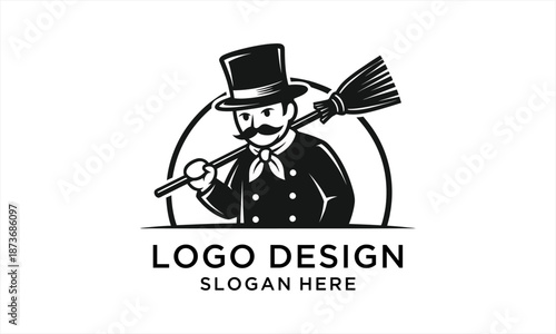 Vintage Chimney Sweep Logo Design with Top Hat and Broom.