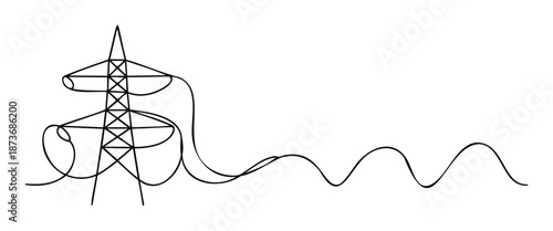 Continuous line drawing of an electrical power tower connecting to a wavy power line, representing modern energy infrastructure and sustainable power transmission for technology and energy