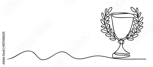 Continuous line drawing of a winners trophy cup with a laurel wreath, symbolizing success and achievement, perfect for sports event awards and recognition certificates