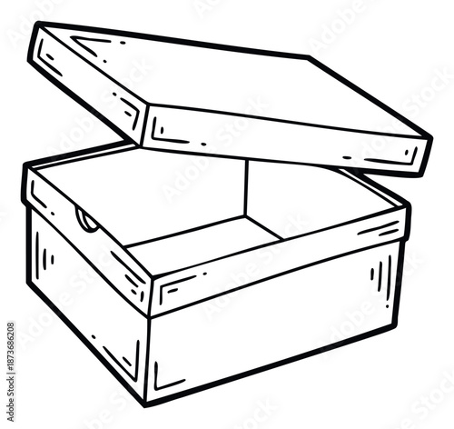 Hand drawn empty open cardboard box with detached lid for shipping and storage needs, useful graphic for packaging and delivery services