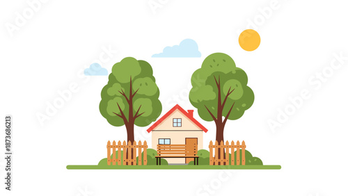 Charming small cottage with a red roof nestled between two large green trees behind a wooden fence.