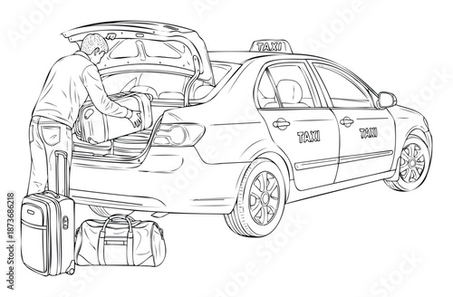 Man loading a duffel bag and a rolling suitcase into the open trunk of a taxi cab, symbolizing travel preparations and convenient transportation services for personal or business trips.