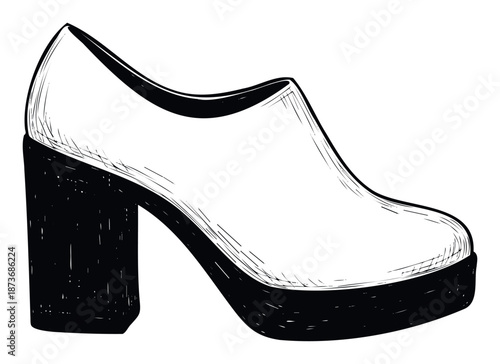 Hand drawn ink illustration of a classic womens high heeled platform shoe, ideal for adding a touch of bold footwear to blogs, magazines, or apparel designs.