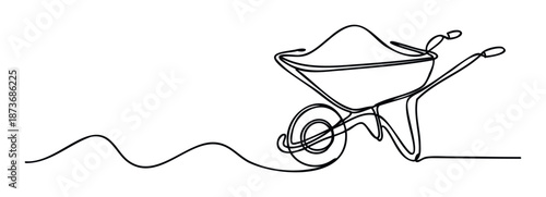 Minimalist continuous line drawing of a garden wheelbarrow filled with earth, perfect for construction, gardening, or landscaping industry branding and marketing materials and presentations.