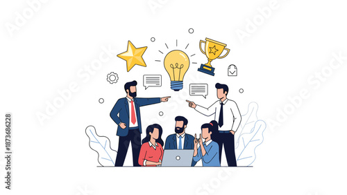 Collaborative business team celebrating success around a glowing lightbulb representing a creative new idea or innovation.