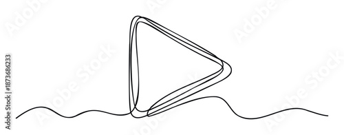 Minimalist continuous line drawing of a play button symbol with wavy abstract elements, perfect for modern digital media interfaces, technology branding, and creative communication projects.