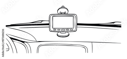 Outline depiction of an incar navigation system or dashboard recorder attached to the windshield, suitable for automotive technology, travel, and vehicle accessories marketing
