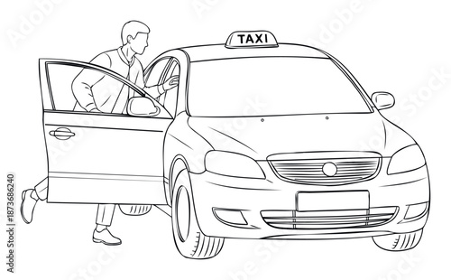 A person is stepping into a taxi cab with the door open, depicting urban transportation, public service, and passenger travel for informational graphics and educational materials.