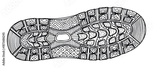 Intricate black outline drawing of a shoe sole featuring abstract patterns and diverse geometric textures ideal for adult coloring books, apparel graphics, and print media projects.