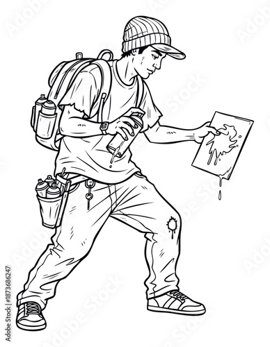 Dynamic young street artist creating graffiti with a spray paint can on paper, showcasing urban youth culture and artistic expression for various creative project applications