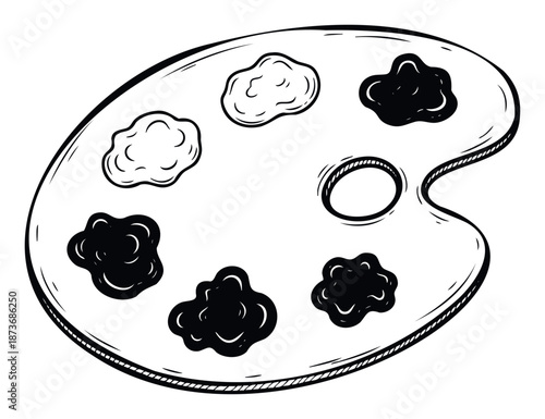 Hand drawn painter palette with various blobs of black and white paint ready for mixing and use ideal for educational materials or visual assets for aspiring painters.