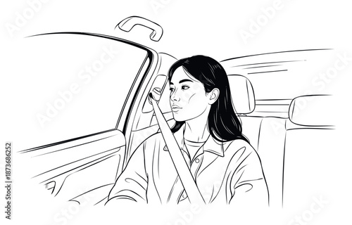 Thoughtful Asian woman passenger buckled up with a seatbelt in a vehicle, gazing outside, ideal for illustrating safe travel, road trips, or commuting experiences for marketing materials