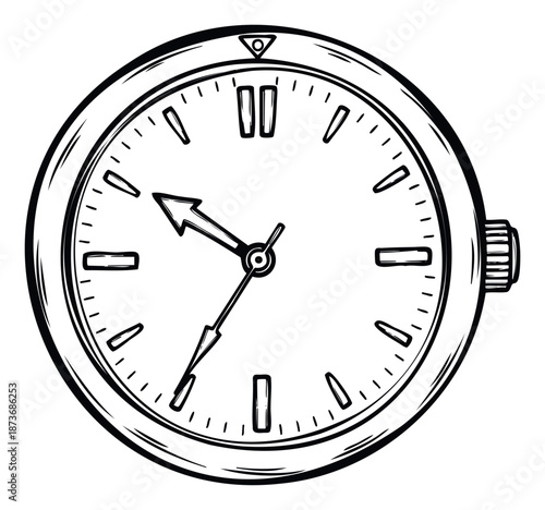 A timeless black and white analog clock with a winding crown and unique hour markers displaying precise time, ideal for illustrating concepts of punctuality, daily schedules, and important