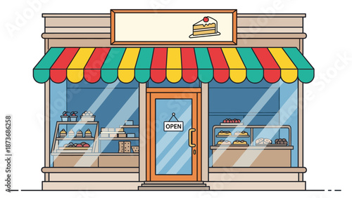 Exterior view of a cozy bakery shop with colorful striped awnings and a variety of delicious cakes on display.