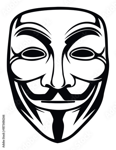 Striking black and white graphic depiction of a stylized human face mask with a distinct smile and mustache, serving as a powerful visual emblem for protest, resistance, and digital privacy