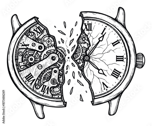 Broken antique watch with visible intricate clockwork gears and a cracked dial symbolizes the fragility and passing of time, suitable for themes of deadlines, disruption, or historical
