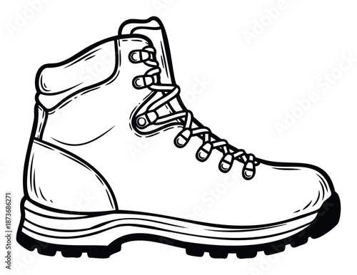 Durable hiking boot with laces and sturdy sole depicted in an outline style perfect for outdoor adventure themed branding, merchandise, apparel, or informational graphics