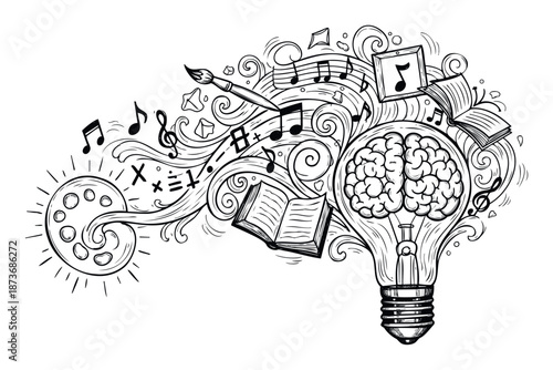 Visual representation of a light bulb with a brain sparking a flow of diverse knowledge, music, mathematics, and imagination, suitable for educational applications.