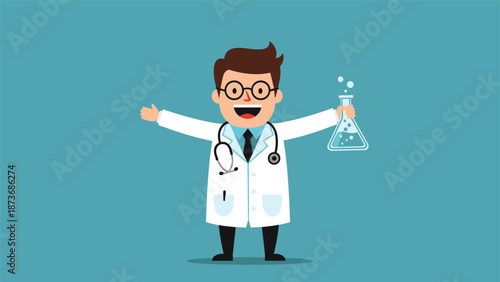 Happy male scientist in a professional lab coat holding a glass beaker with a bubbling chemical solution.