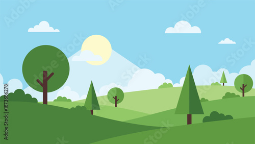 Scenic flat design landscape featuring rolling green hills and a variety of trees under a sunny blue sky.
