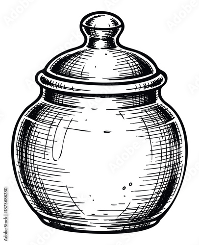 Hand drawn vintage style lidded jar ideal for food packaging kitchen decor or traditional recipe book illustrations and restaurant menu accents creating a rustic aesthetic