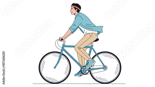 Active young man riding a classic blue bicycle through a public area while wearing comfortable casual clothing.