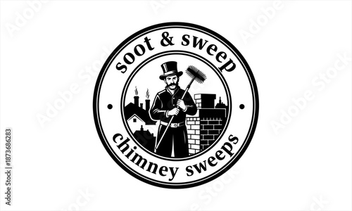Konstfotografi Vintage Chimney Sweep Logo with Top Hat and Brush.