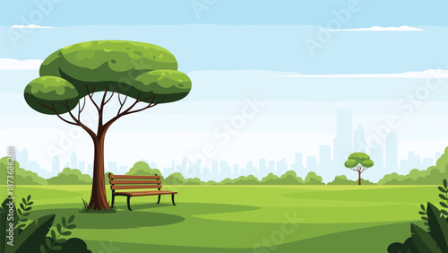 Serene public park landscape with a wooden bench under a shady tree overlooking a distant city skyline.
