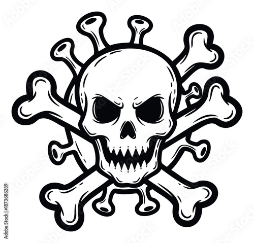 Dynamic black and white line depiction of a menacing skull and crossbones with virus spikes, ideal for powerful warning graphics, punk apparel, or vital public health announcements.