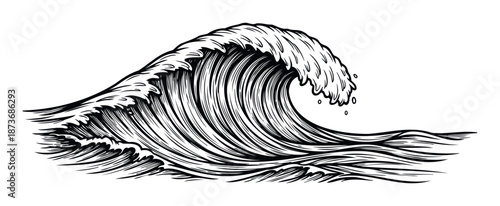 Powerful ocean wave breaking with dramatic motion lines, perfect for marinethemed projects, surf shop decor, or adventurous travel publications.