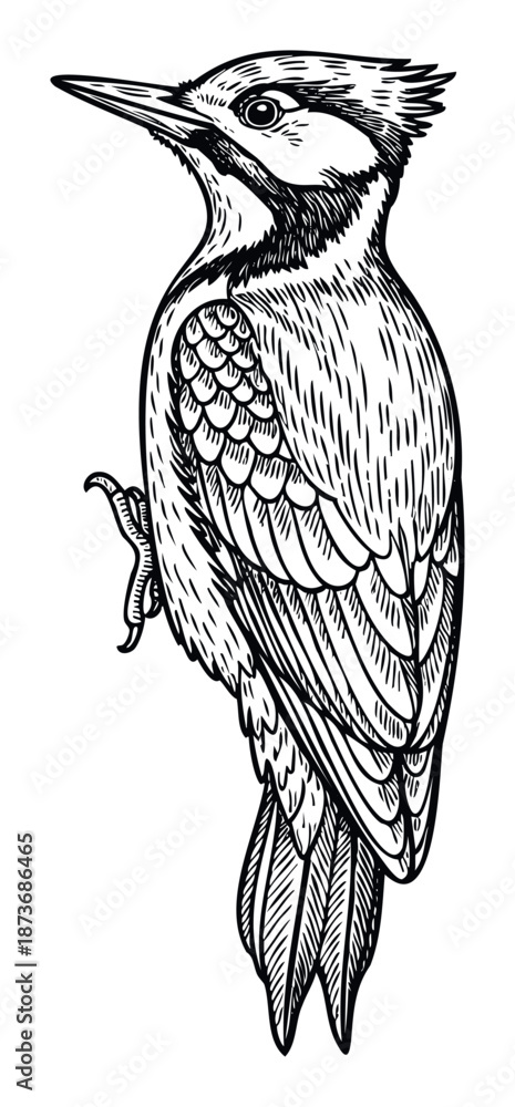 Fototapeta premium Striking black and white woodcut style illustration of a woodpecker bird perched showcasing intricate plumage textures perfect for natural history publications or wilderness themed graphic