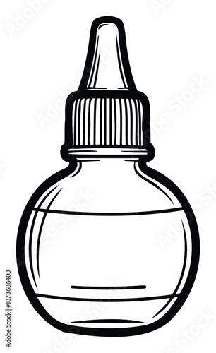 Simple black line drawing of a small liquid dispenser bottle with a dropper cap, useful for medical, cosmetic, and laboratorythemed illustrations and educational materials.