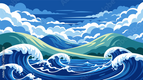 Vibrant vector illustration of ocean waves crashing against a scenic landscape with rolling hills and dramatic clouds