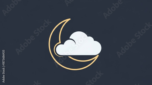 A minimalist illustration of a white cloud nestled in a golden crescent moon on a dark blue