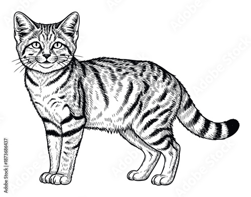 Ornate hand drawn engraving depicting a striped domestic cat in a standing pose, ideal for animal welfare advocacy, veterinary clinic promotions, or nature exploration visuals.