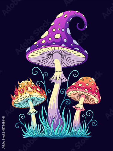 Enchanting Psychedelic Mushroom Vector Illustration with Swirling Stems and Fiery Caps - A Magical Fantasy Art