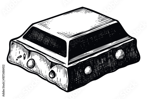 A hand drawn chocolate candy block in a vintage woodcut style perfect for food industry branding, confectionery packaging, or dessert menu designs.