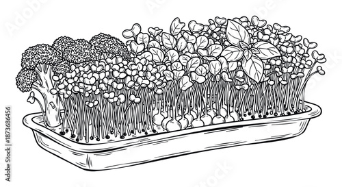 Various fresh microgreens and sprouts, including broccoli, radish, and basil, growing in a tray, perfect for healthy food, organic gardening, and nutritionrelated content.