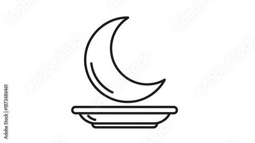 Crescent moon shape sitting on a flat dish or tray in a simple line art style for design