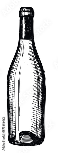 A classic empty glass bottle rendered in a distinct hand drawn ink sketch, suitable for vintage themed product branding or traditional liquid container illustrations.