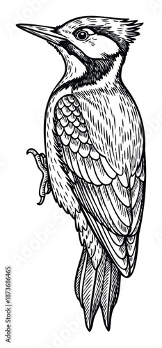 Striking black and white woodcut style illustration of a woodpecker bird perched showcasing intricate plumage textures perfect for natural history publications or wilderness themed graphic