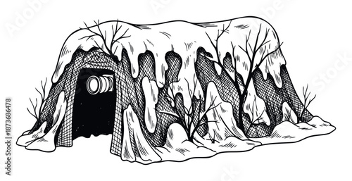 A hidden wildlife observation blind with a camera lens peeking out, ideal for nature photography, bird watching, and outdoor adventure themes in documentary or educational projects.