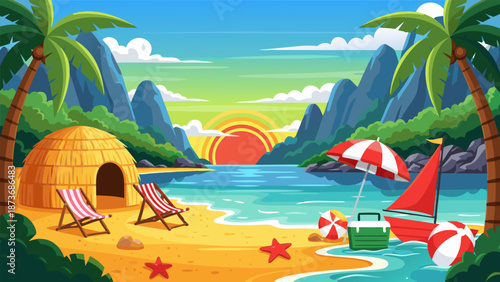 Tropical beach vector illustration with palm trees, beach chairs, and a sailboat at sunset