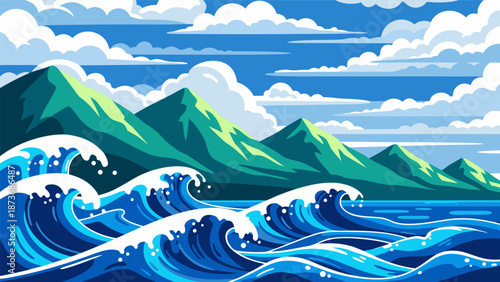 Dynamic Ocean Waves and Mountain Landscape Vector Illustration - A Beautiful Scene