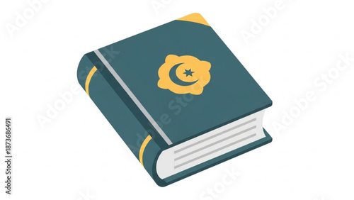 Islamic quran book illustration with crescent moon and star symbol on teal cover