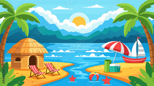 Vibrant tropical beach scene vector illustration with palm trees, a hut, beach chairs, and a sailboat on a sunny day