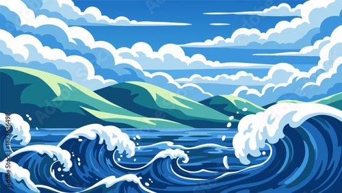 Dynamic Ocean Waves Breaking on the Shore Under a Cloudy Sky - Vector Illustration