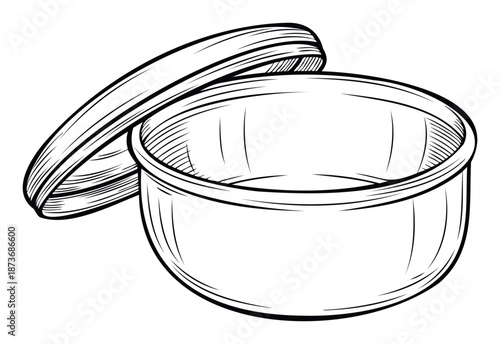 Empty open round container with its detached lid resting beside it, perfect for kitchenware graphics, food packaging design, or household storage solution concepts.